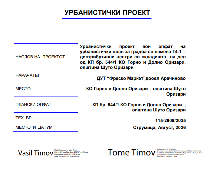  Јавен увид на урбанистички проект вон опфат на населено место со грдба со намена Г4.1 – дистрибутивни центри со складишта на дел од К.П.544/1 К.О.Горно и Долно Оризари во општина Шуто Оризари.